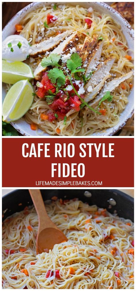 Grab a bowl of this Cafe Rio style fideo and cozy on up. This Mexican pasta dish is loaded with fresh ingredients and tastes just like a bowl of chicken noodle soup, only better! #caferiocopycat #fideorecipe #chickennoodlesoup #caferiostylefideo Cafe Rio Chicken, Fideo Recipe, Mexican Pasta, Cafe Rio, Pesto Tortellini, Fire Roasted Tomatoes, Low Sodium Chicken Broth, Chicken Noodle Soup, Pasta Dish