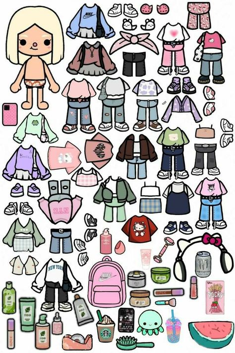 Toca Boca Paper Doll Wednesday, Toca World Paper Doll, Paper Doll Accessories, Toca Boca Paper Doll, Princess Paper Dolls Printable, Printable Paper Toys Templates, Free Printable Paper Dolls, Hello Kitty Printables, Paper Doll Printable Templates