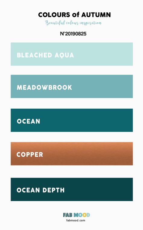 Autumn Color 2019 { Bleached Aqua + Copper + Ocean + Meadowbrook } A pretty colour palette. To get you started on your own... Copper Colour Palette, Color Schemes Colour Palettes, Copper Colour Scheme, Color Guide, Aqua Color Palette, Brand Color Palette, Teal Color Palette, Wedding Color Combos, Gold Color Palettes