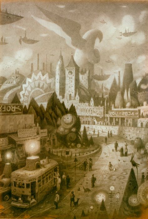 Shaun Tan. One of the most beautiful stories I've read thus far. "The Visitor" Shaun Tan, City Illustration, Arte Popular, Environmental Art, Childrens Illustrations, Painting Illustration, Book Illustration, Animation Art, Surrealism