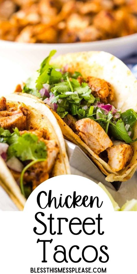 Chicken Street Tacos that are easy, delicious, and made at home. They combine flavorful chicken in corn tortillas, with lots of toppings. #chicken #tacos #homemade Street Tacos Recipe Chicken, Street Tacos Chicken, Chicken Street Tacos, Street Taco Recipe, Chicken Taco Recipes, Street Tacos, Taco Recipes, Corn Tortillas, Chicken Tacos