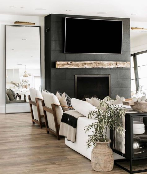 Decor Sides Of Fireplace, Mantel Styling, Tv Placement, Montana House, Fireplace Redo, Musical Chairs, Modern Rustic Living Room, Homes Ideas, Black Fireplace