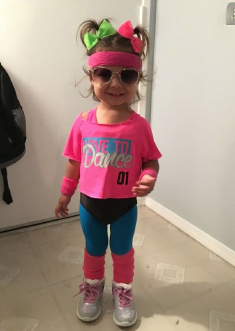 80s Costume Toddler Girl, Dress Like The 80s Kids, Toddler Workout Costume, Embeleco Day Ideas For Girl, Kids 80’s Costume, 80s Workout Halloween Costumes, Kids 80s Costume Diy Girl, Kids 90s Outfit Ideas Girls Diy, Cute Toddler Girl Halloween Costume