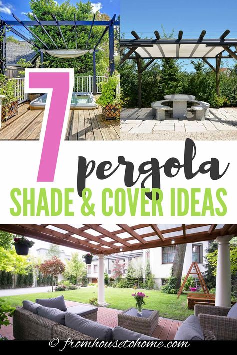 Make your patio into a summer hangout spot that is protected from sun and rain with these shade-providing & waterproof DIY pergola cover ideas #fromhousetohome   #decks #patios #gardenpaths #arborsandpergolas #gardeningideas Pergola Cover Ideas, Diy Pergola Ideas, Pergola Shade Ideas, Waterproof Pergola, Summer Hangout, Pergola Cover, Shade Sail Installation, Arbor Ideas, Retractable Pergola Canopy