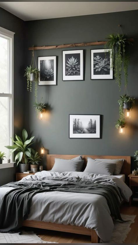 Earthy Bedroom White Walls, Dark Bedroom Plants, Grey Wall Bedroom Decor, Bedroom Inspo Dark Wood, Dark Olive Walls, Black And Olive Green Bedroom, Dark Olive Bedroom, Dark Bed Frame Room Ideas, Gray Walls Bedroom Decor