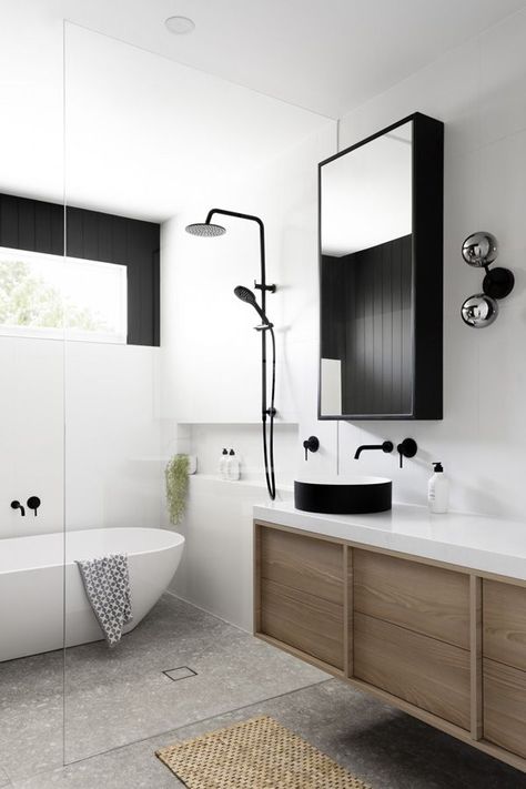 Black Tapware, Makeover Kamar Mandi, Timber Vanity, Bathroom Aesthetic, Home Makeover, Bathroom Trends, Neutral Design, Bathroom Renos, House Bathroom