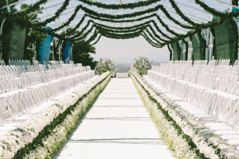 fashion runway style wedding ceremony seating Fairytale Wedding Decorations, Wedding Ceremony Setup, Wedding Walk, Wedding Ceremony Seating, Mykonos Wedding, Wedding In Greece, All White Wedding, Dream Destination Wedding, Ceremony Seating