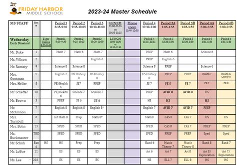 Schedules / 2023-2024 Master Schedule Master Schedule, Daily Schedules, Friday Harbor, School Leadership, School Staff, School Building, Schedule Template, Daily Schedule, 2023 2024