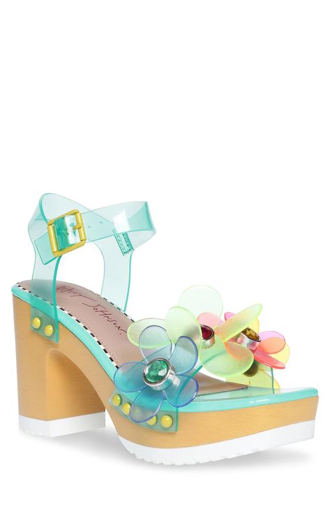 Betsey Johnson Beckket Floral Platform Jelly Sandal available at #nordstromrack Wood Platform Sandals, Dr Shoes, Flower Sandals, Popular Handbags, Sandal Online, Betsey Johnson Shoes, Buckled Heels, Platform Sandals Heels, Heeled Sandal