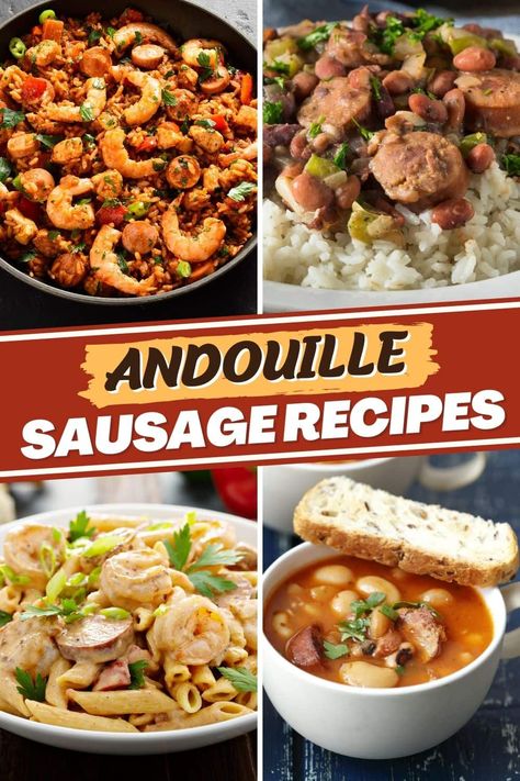 These 17 Andouille sausage recipes feature the best of everything that makes Andouille sausage so spectacular. From gumbo to jambalaya to pasta, give dinner a kick with these easy recipes. Johnsonville Andouille Sausage Recipes, Andioulle Sausage Recipes, Andoullie Sausage Recipes Healthy, Soup Recipes With Andouille Sausage, What To Do With Andouille Sausage, Dinner Recipes With Andouille Sausage, Rice And Andouille Sausage, Recipes Using Rope Sausage, Andouille Sausage Recipes Easy