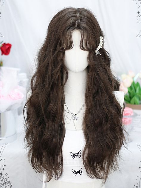 Get ready to turn heads with this stunning dark brown wavy synthetic wig with bangs. Made from high-quality synthetic materials, this wig is designed to give you a natural and stylish look. The wavy texture adds volume and movement, while the long length provides a glamorous and elegant feel. The addition of bangs helps to frame your face and create a chic, effortless look. Whether you're looking to change up your style for a special occasion or simply want to experiment with a new look, this wi Wavy Hair Accessories, Dark Wavy Hair With Bangs, Korean Wigs, Long Wavy Brown Hair, Brown Wig Aesthetic, Brown Wigs With Bangs, Korean Long Hair, Long Dark Brown Wigs, Harajuku Wigs Long