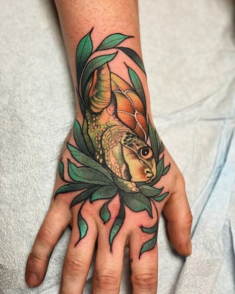 Helena Darling on Instagram: “Hand job for @sir_dabbs_alot Thanks dude!” Neo Traditional Sea Turtle Tattoo, Sea Turtle Hand Tattoo, Neo Traditional Turtle Tattoo, Sea Hand Tattoo, Turtle Hand Tattoo, American Traditional Turtle, Neo Traditional Hand Tattoo, Japanese Turtle Tattoo, Traditional Turtle Tattoo