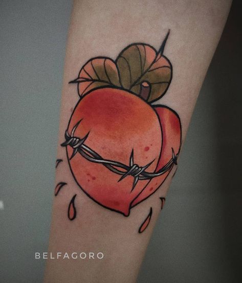 #peach #tattoos #neotraditionaltattoo #neotraditional #peachtattoo #tattoo #neotraditionaldesign Peach Tattoos, Barbed Wire Tattoo, Tattoo Designs With Meaning, Wire Tattoo, Designs With Meaning, Peach Tattoo, Meaning Art, Barbed Wire Tattoos, Fairy Tattoo