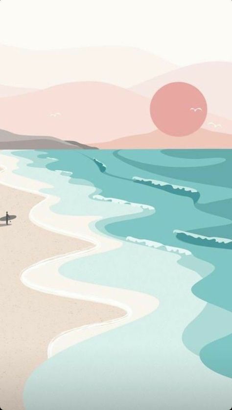 Beach Digital Painting, Beach Landscape Illustration, Beach Wall Collage, Beachy Theme, Beach Drawing, Sunset Surf, Beach Illustration, Canvas Painting Designs, Preppy Wallpaper