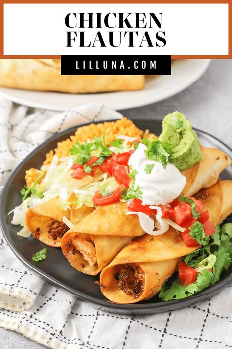 Deliciously cheesy, filled chicken flautas can be fried, air-fried, or even baked for the perfect appetizer or dinner at your next fiesta. #chickenflautas #flautas #mexicanrecipes #mexican #chicken Easy Chicken Flautas, Unique Diy Crafts, Chicken Flautas, Amazing Snacks, Canning Refried Beans, Quick Family Dinners, Lazy Dinners, Pork Salad, Mexican Recipe