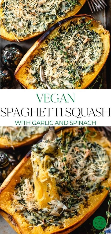 Vegan Spaghetti Squash Recipe with Spinach and Cheese Vegan Spaghetti Squash Recipes Easy, Wfpb Spaghetti Squash Recipes, Vegan Spaghetti Squash Recipes Healthy, Spaghetti Squash And Spinach Recipes, Vegan Stuffed Spaghetti Squash, Plant Based Spaghetti Squash Recipes, Spaghetti Squash Mushroom Recipes, Spaghetti Squash Vegetarian Recipes, Recipe Spaghetti Squash