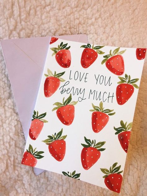 Berry Bouquet Greeting Card Strawberry Cards Handmade, Valentine Watercolor Cards Watercolour, Watercolor Greeting Cards Handmade, Homemade Watercolor Cards, Cute Watercolor Cards, Watercolor Card Ideas, Watercolor Cards Ideas, Handmade Cards Ideas, Bouquet Greeting Card