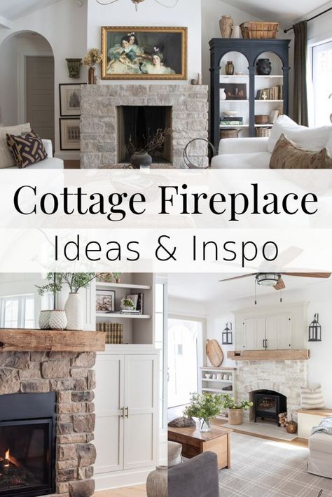 fireplace makeover ideas Fireplace Makeover With Bench, French Farmhouse Fireplace Ideas, Cottage Style Fireplace Ideas, French Cottage Fireplace Ideas, Modern Cottage Fireplace Ideas, Stone Fireplace With Windows On Sides, English Cottage Fireplace Ideas, French Cottage Fireplace, Modern Cottage Fireplace