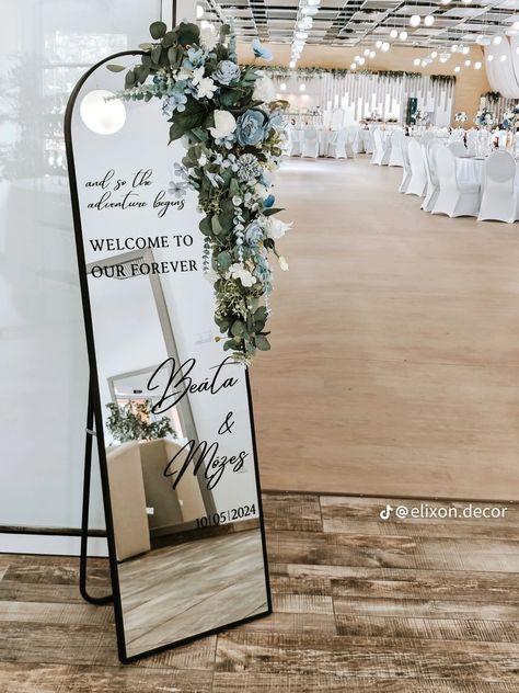 Welcome Sign Flowers Wedding, Outdoor Nikkah, Mirror Welcome Sign Wedding, Mirror Wedding Sign, Mirror Wedding Signs, Engagement Design, White Wedding Decorations, Wedding Mirror, Boho Nails