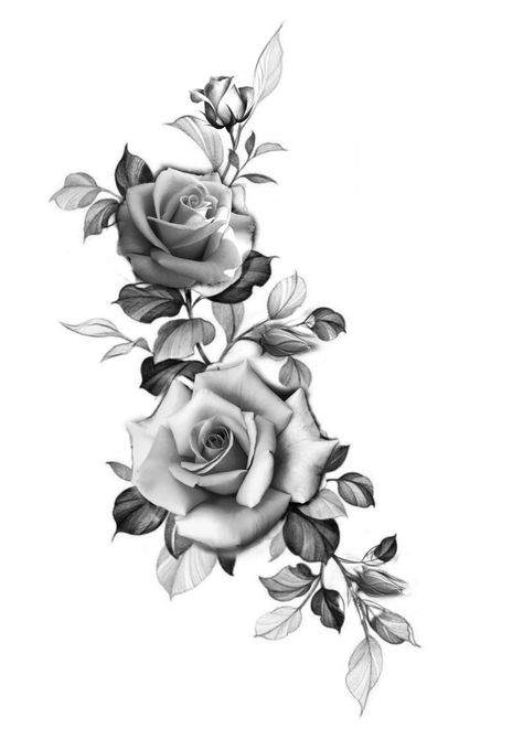 Rose Tattoo Thigh Hip For Women, Shaded Rose Drawing, Roses Chest Tattoo, Rose Branch Tattoo, Rose Lace Tattoo, Rose Wreath Drawing, Black And Grey Flower Tattoo Design, Realistic Rose Tattoo Stencil, Rose Bush Tattoo