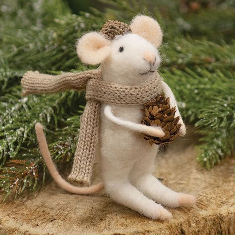 This heartwarming Felted Mouse is dressed for fall in an dried acorn cap and a burlap scarf. The stuffed white felt fabric mouse has a wired tail and limbs that hold a tiny pinecone. It has stitched facial features and comes with a string hanger to be displayed as an adorable seasonal ornament. 5” high. Walnut Craft, Acorn Hat, Mouse Ornaments, Felt Mice, Christmas Mice, Felted Mouse, Flameless Tea Lights, Beige Scarf, Felt Creations