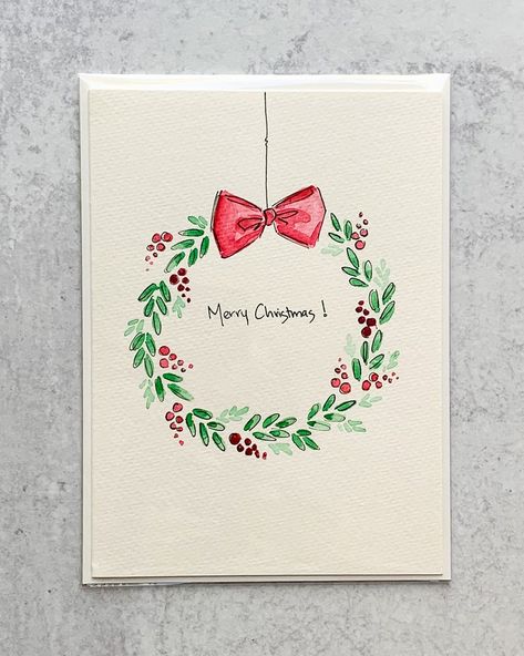 Christmas Card Watercolor Ideas Simple, Watercolor Christmas Cards Diy, Journal December, Christmas Cards Drawing, Cards Drawing, Painted Christmas Cards, Watercolor Business, Hobby Desk, Diy Holiday Cards