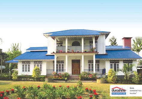 Blue Roof House, Blue Subway Tile, Sheet Metal Roofing, Kerala House, Fibreglass Roof, Roof House, Blue Roof, Roofing Sheets, Rustic Bedding