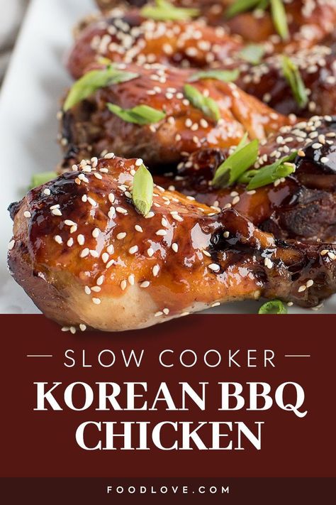 Slow cooker Korean BBQ chicken is sweet, spicy, and oh so easy! Korean spicy chicken is slow cooked to tender perfection, then slathered with homemade Korean BBQ sauce. Korean Chicken Recipe Slow Cooker, Korean Chicken Leg Recipes, Korean Bbq Crockpot Recipes, Korean Bbq Chicken Crockpot, Slow Cooker Korean Chicken, Korean Slow Cooker Recipes, Slow Cooker Drumstick Recipes, Slow Cooker Korean Bbq, Gochujang Sauce Recipe