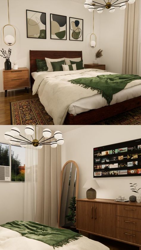 Bedroom Interior Wood Design, Mid Mod Bedroom Decor, Bedroom Ideas Midcentury Modern, Dark Wood Bedroom Furniture Decor Ideas Boho, Midcentury Modern Green Bedroom, Green Midcentury Bedroom, Midcentury Modern Small Bedroom, Vintage Contemporary Decor Bedroom, Master Bedrooms Decor Mid Century