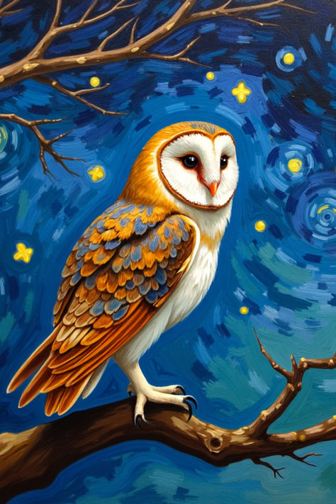 Love owls and Van Gogh? This beautiful Starry Night owl painting is available as a framed print, canvas, or metal print! Affordable and stunning, it's the perfect addition to any room. Click to see sizes and prices! #owlartforsale #homedecorideas #artprintsforsale   #waterfall #nature #flowers #paintings #art #beauty #serenity #iris #goddess #womaninart #matisse_paintings #abstract #acrylic #watercolor Easy Owl Painting, Owl Art Painting, Owl Mural, Colorful Owl Art, Owl Painting Acrylic, Owl Abstract, Iris Goddess, Owl Paintings, Matisse Paintings