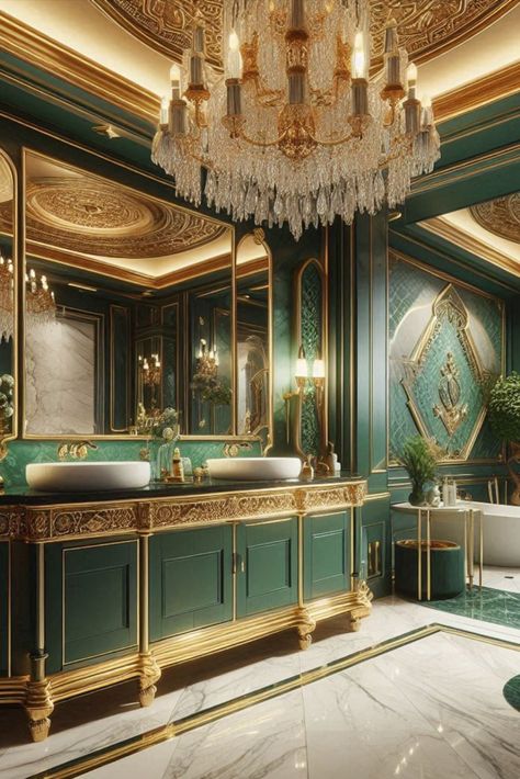 Opulent Bathroom, Emerald Green And Gold, Bathroom Color Schemes, Bathroom Color, Gold Luxury, Surround Yourself, Apartment Ideas, Color Scheme, Green And Gold