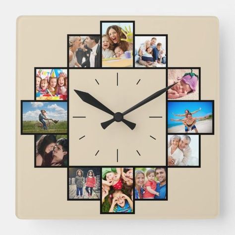 Custom 12 Keepsake Memories Family Photo Collage Square Wall Clock | Zazzle Photo Collage Ideas, Family Photo Collage, Canvas Photo Wall, Photo Collage Wall, Home Living Room Decor, Family Photo Collages, Hanger Diy, Hand Photo, Collage Ideas