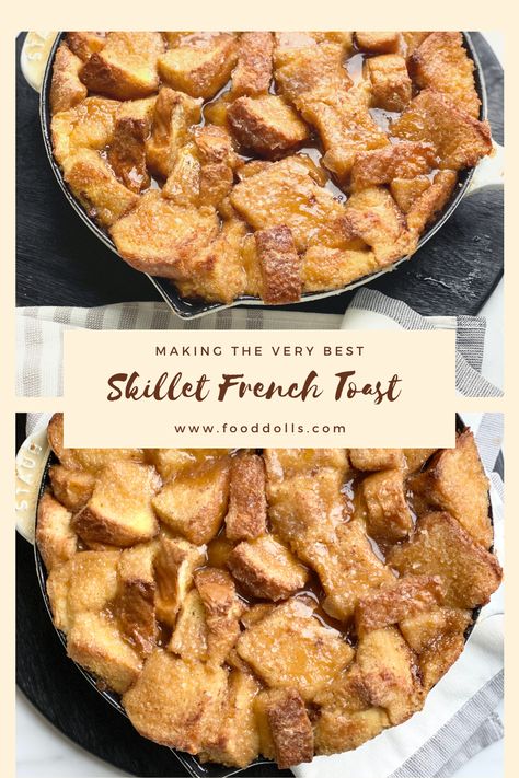 The best Skillet French Toast recipe! So easy, very gooey! French Toast Cast Iron Skillet, Cast Iron French Oven Recipes, Cast Iron French Toast, Food Dolls Recipes, Skillet French Toast, Oven French Toast, Cottagecore Recipes, Easy French Toast, French Toast Ingredients