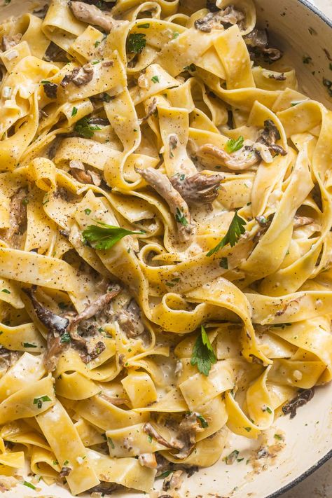 Creamy Mushroom Pappardelle, Pappardelle Pasta Sauce, Pappardelle With Mushrooms, Mushroom Pappardelle Pasta, Creamy Pappardelle Recipes, Pepperdella Pasta Recipe, Mushroom Parpadelle Recipes, Scallop Mushroom Pasta, Mushroom Pancetta Pasta