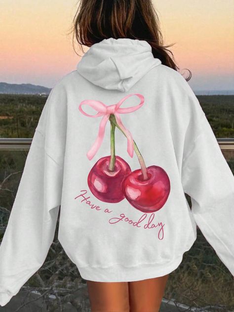 Coquette Cherry Hoodie - Have A Nice Day, Hoodie With Text At Back, Coquette Bow Hoodie, Fashionable Ribbon Hoodie, Cute Coquette Pullover Hoodie White Casual  Long Sleeve Fabric Letter,Fruit&Vegetable Pullovers Slight Stretch  Women Clothing, size features are:Bust: ,Length: ,Sleeve Length: Shein Hoodies, Cherry Sweatshirt, Nice Hoodies, Coquette Hoodie, Cherry Hoodie, Bow Hoodie, Coquette Cherry, Cherry Blossom Print, Shapewear Tops