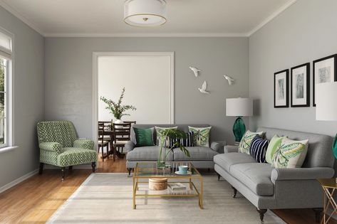 Greyish Living Room, Grey Room Green Accents, Grey Couch Sitting Room Ideas, Green Grey White Living Room, Grey Sofa Living Room Green Accents, Living Room Decor Green And Grey, Grey Living Room With Green Accents, Light Grey And Green Living Room, Grey White Wood Green Living Room