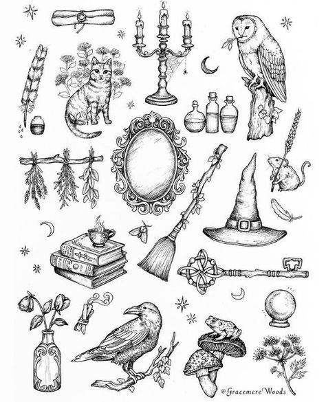 Witch Drawing Ideas, Antique Tattoo Ideas, Witchcraft Tattoo, Academia Tattoo, Ignorant Tattoo, Fairy Letters, Witchcraft Tattoos, Witch Drawing, Tattoo Filler