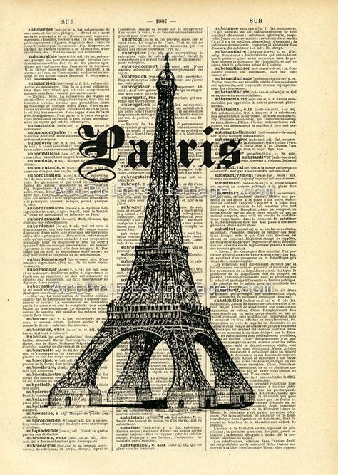 Paris Printables, Paris Illustration, Personalized Map Art, Dictionary Art Print, Dictionary Page, Paris Vintage, Vintage Dictionary, Upcycled Art, Dictionary Art