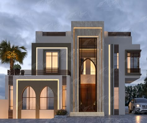 Neo Islamic villa facade on Behance Islamic Architecture House, Villa Facade Design, Classic Villa Exterior, Villa Facade, Classical Facade, Islamic Style, Classic Facade, House Concept, Architecture Elevation