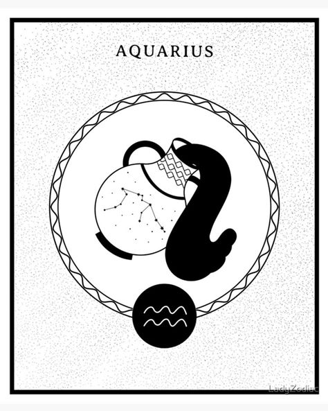 Black graphic on white background. In black text reads 'Aquarius' above the image of a large vase pouring water from it's spout. Inside the vase is the zodiac symbol for an Aquarius birthday, with little stars all around. Aquarius Tarot Card, Aquarius Tarot, Zodiac Sign Poster, Zodiac Aesthetic, The Water Bearer, February Baby, Water Bearer, Age Of Aquarius, Aesthetic Poster