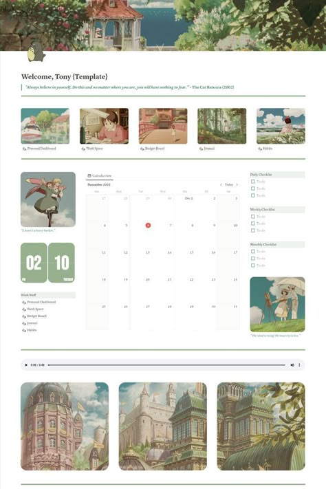 Notion Template Ideas Studio Ghibli, Aesthetic Notion Pages, Notion Studio Ghibli Template, Notion Pictures Aesthetic, Ghibli Template, Notion Dashboard Ideas Aesthetic, Studio Ghibli Notion, Notion Blog, Ghibli Notion