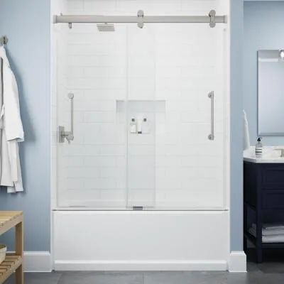 Paxos 60 in. W x 62-1/4 in. H Sliding Frameless Bathtub Door in Nickel with 5/16 in. (8 mm) Clear Glass Bathtub With Glass Door, Frameless Bathtub Doors, Modern Shower Doors, Glass Bathtub, Bathtub Enclosures, Frameless Sliding Shower Doors, Bathtub Doors, Tub Doors, Tub Shower Doors