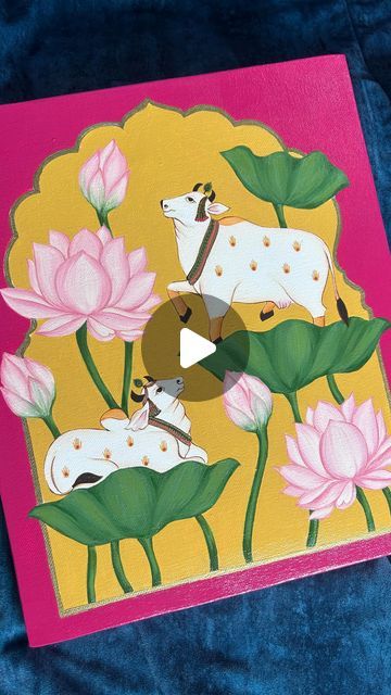 Ojaswini Kambli | The beauty of pichwai with this soothing Timelapse ♥️  (Acrylic painting, painting, pichwai, pichwai cows, art, acrylic colours) | Instagram Pichwai Art Paintings Cow, Cow Pichwai Painting, Cow Rangoli, Pichwai Paintings Cows, Pichwai Paintings Lotus, Lotus Painting Acrylic, Pichwai Art Paintings, Pichwai Cow Painting, Pichwai Cow