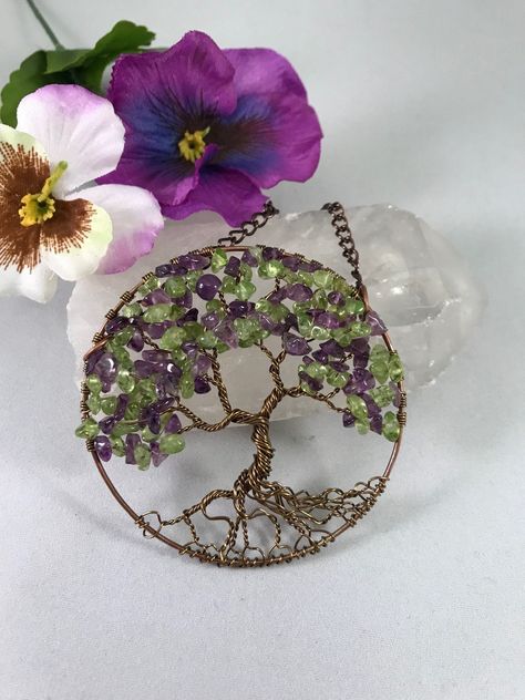 Office Yoga Room, Amethyst And Peridot, Wisteria Tree, Twisted Tree, Sacred Tree, Copper Frame, Artistic Wire, Tree Of Life Pendant, Peridot Gemstone