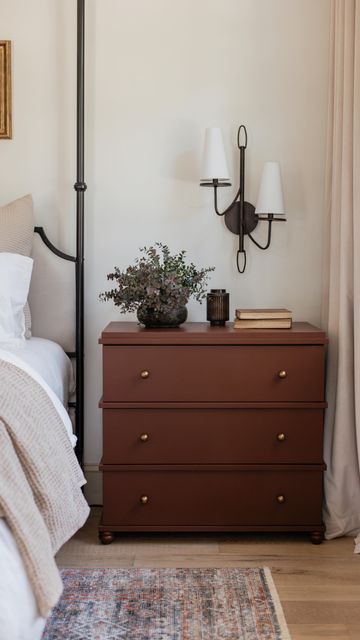 Jenna Sue • Design + DIY on Instagram: "The ultimate Ikea Malm hack 😍  We transformed this basic Ikea chest into a designer-inspired nightstand for a fraction of the cost! All it took was some wood trim, furniture feet and paint. The rich burgundy brown color really takes it to the next level 🤌🏼  I shared all the details yesterday’s blog tutorial—comment LINK and I’ll dm you the info! 👇🏼" Dresser Nightstand Ideas, Ikea Dresser Hacks, Malm Nightstand, Nightstand Hack, Ikea Malm Nightstand, Primary Bedroom Decor, Malm Hack, Malm Drawers, Ikea Dresser Hack