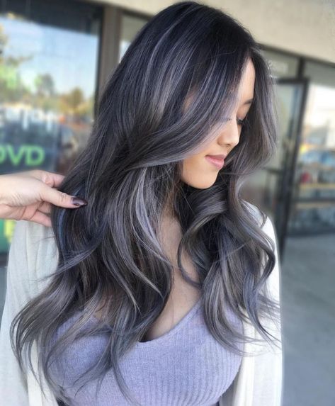 Dark Brown Hair With Silver Balayage Brunette White Highlights, Darkest Brown Hair With Highlights, Brown Hair With Silver Highlights, Grey Hairstyle, Brunettes Balayage, Grey Brown Hair, Long Grey Hair, Grey Blending, Gray Balayage