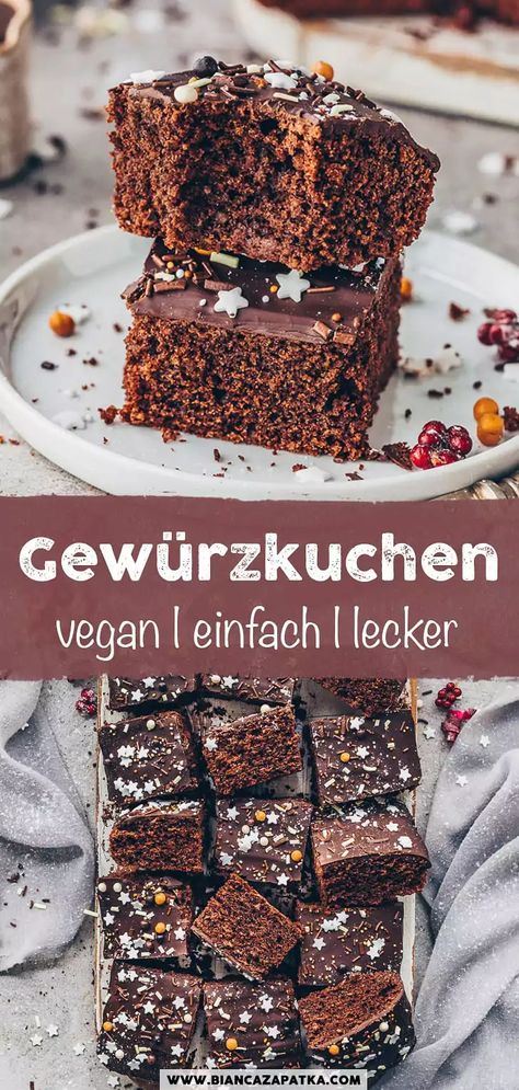 Gewürzkuchen vom Blech (saftig, einfach, vegan) Lebkuchen Vegan, Winter Baking Recipes, Vegan Brownies Easy, Vegan Winter Recipes, Brownie Vegan, Vegan Recepies, Dessert Vegan, Vegan Brownies, Vegan Baking Recipes