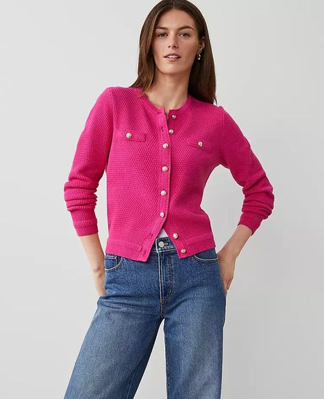 835500 Pink Cardigan Outfit, White Jeans Summer, Hot Pink Cardigan, Fall Workwear, Pink Poppy, Work Clothing, Summer Black Dress, Cardigan Sweaters, Summer Capsule Wardrobe