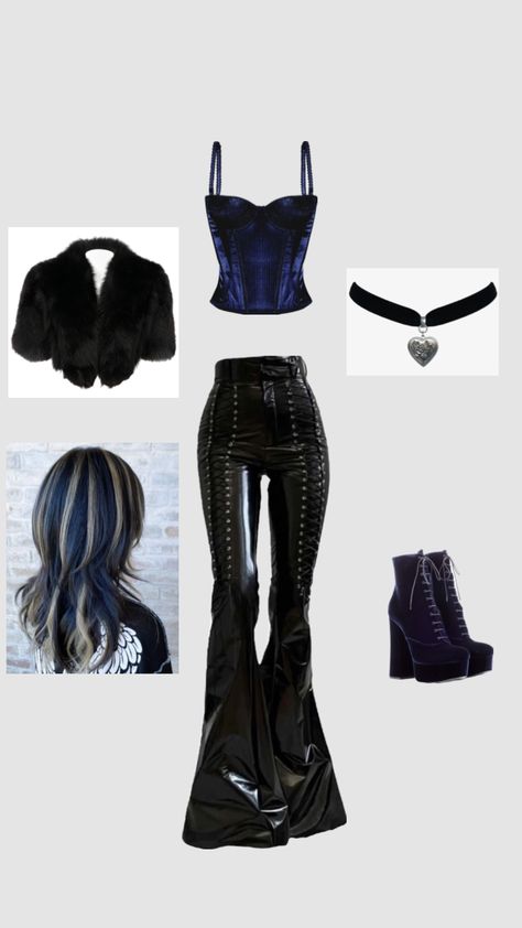 Goth Outfits Pants, Blue Clothes Aesthetic, Edgy Outfits Grunge, Rockstar Aesthetic Outfits, Aesthetic Lovecore, Black Fluffy Jacket, Princess Inspired Outfits, Hot Topic Clothes, Outfit Inspo Aesthetic