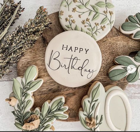 Botanical Cookies Decorated, Greenery Royal Icing Cookies, Sage Green Cookies Birthday, Boho Birthday Cookies Decorated, Floral Birthday Cookies Decorated, 90th Birthday Cookies Decorated, Fall Birthday Cookies, Boho Cookies Decorated, Flower Birthday Cookies